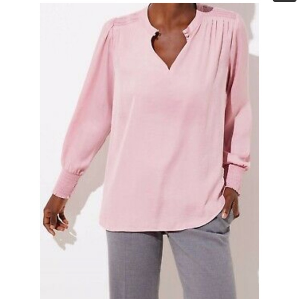 LOFT Smocked Split Neck Blouse